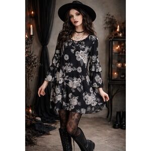 Espresso Dark Floral Whimsigoth Stretch Poly Flutter Ruffle Sleeve Shift Dress S